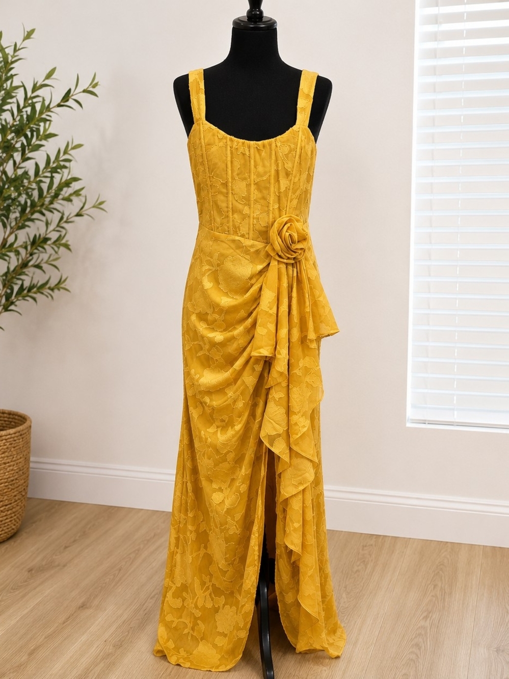 Mustard Yellow Floral Lace Evening Dress with Draped Rosette